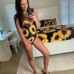 Interestprint Women Sunflower Lace Back One Piece Swimsuit
