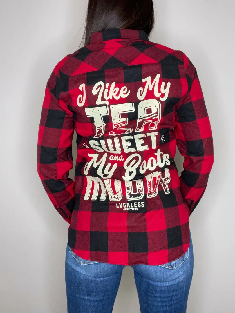 Deals ๐ Luckless Outfitters Ladies Boyfriend Flannel - Tea Sweet & ๐ฅพ Boots Muddy โค๏ธ 3 Luckless Outfitters Ladies Boyfriend Flannel - Tea Sweet & Boots Muddy